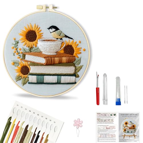 Huacan Embroidery Kit for Beginners Adults Includes Stamped Flower Pattern, Hoop, Color Threads,Tools,Easy to Follow Instruction (Bird)