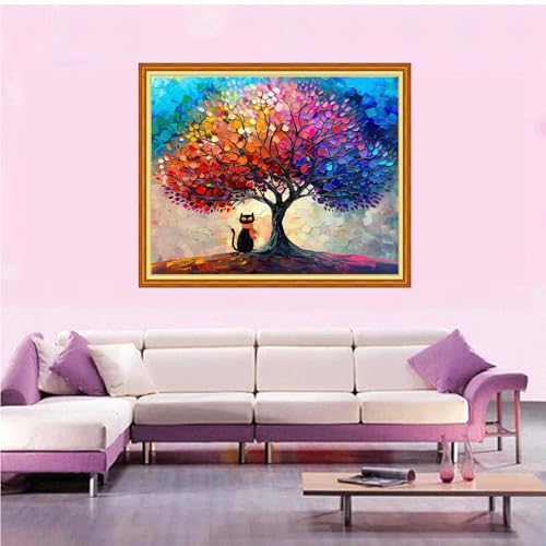 Artvxeay Stamped Cross Stitch Kits Beginners Full Range of Embroidery Starter Kits for Adults Printed Cross Stitching DIY Needlepoint Kit 11CT- Cat Under the Colorful Tree 16x20 inch - color: Color66