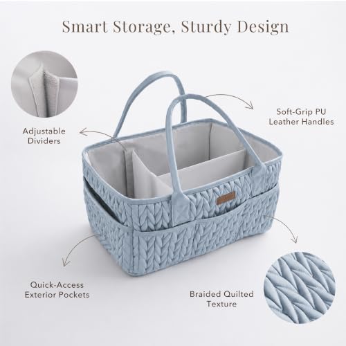 Konssy Baby Diaper Caddy Organizer, Braided Quilted Design with PU Handles - color: Baby Denim