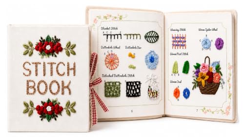 Cikeela Embroidery Stitch Book Beginner with Fabric Pages, 31 Essential Stitches in Structured Learning Order for Adults, DIY Sewing Kit with Floral Motifs, Practice Patterns EmbroideryStitch Book Kit