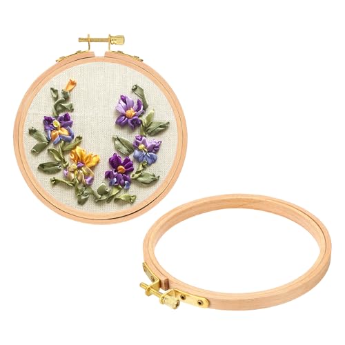 PATIKIL 2 Pieces 5 Inch Embroidery Hoops Round Adjustable Beach Wood Circle Cross Stitch Hoop Ring Bulk for Embroidery Art Craft Handy Sewing Decoration - size: 5 Inch
