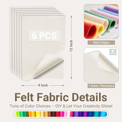 Ivory Soft Felt Sheets for Crafts, 9" x 12", 1.6mm Thick, 6 Pcs - color: Ivory