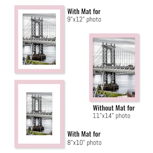 11x14 Solid Wood Picture Frames with Mat or without Mat for 9x12, 8x10, 11x14 - Wall Mounting or Table Top (Pink) - color: Pink, size: 11x14 inch