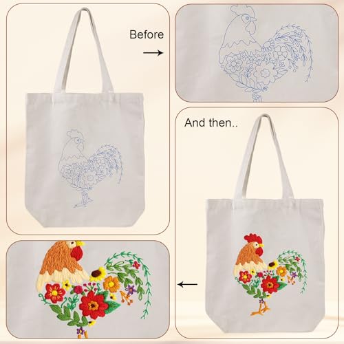 Louise Maelys Embroidery Kit Canvas Tote Bag for Beginners, Floral Rooster - color: rooster Flower