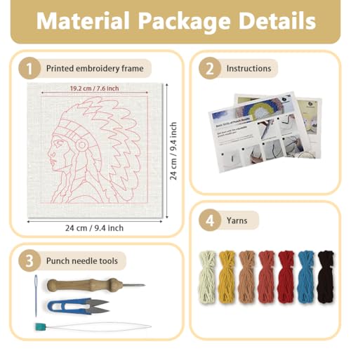 Doodlream Native American Chief Needle Kit for Beginner, 9.4"x 9.4" Tribal Punch Stitching Craft Set, Woman DIY Embroidery Starter with Printed Frame, Instruction, Threader, Yarn, Pinch Needle - color: Native American Chief