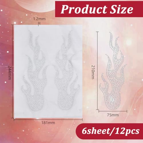 12Pcs 8.27x2.95 Inch Iron on Rhinestone Flames Transfer Glitter Flame Rhinestones Patches Sparkling Hotfix Flame Crystal Sticker Applique for Clothing Tote Bag DIY Art Craft Gifts - size: 21x7.5cm