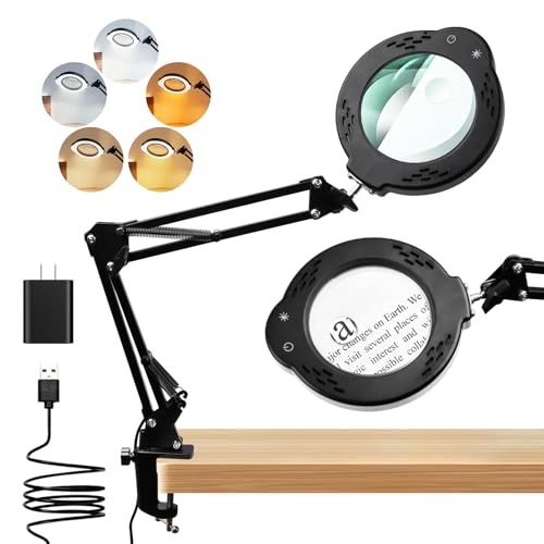 Magnifying Glass with Light and Stand, 10X 30X LED Desk Magnifier with Real Glass Lens, 5 Color Modes, 3 Brightness Levels, Hands-Free Magnifying Lamp for Reading, Crafts, Electronics and Jewelry - color: Clamp
