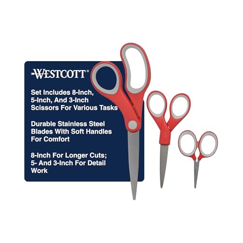 Westcott Craft & Fabric Scissors Set for Office, Home and Classroom, 8-Inch / 5-Inch / 3-Inch, Red/Gray, 3 Pack - size: Multi