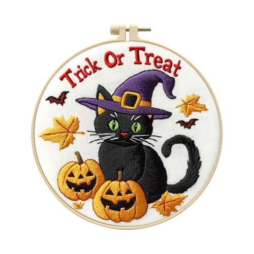 Zhenqing Halloween Black Cat Embroidery Kit for Beginners, Trick or Treat Witch Cat Needlework Kit with Pre-Printed Cotton Fabric, Hoop, Threads & Tools, Spooky DIY Decor (C0118) - style: Halloween Black Cat