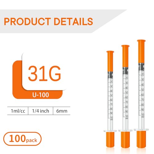 1 ml/cc Syringes 31G x 1/4’’ (6mm), syringes with needle, Individually Wrapped, 100 Pack. - size: 1ml-31G 1/4", style: 100 Pack