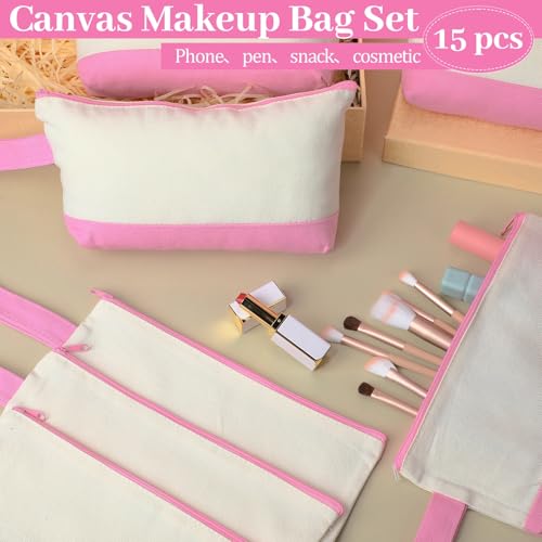 Silkfly 15 Pcs Cotton Canvas Makeup Bags Cosmetic Zipper Bags 10.2 x 5.5 x 2'' Blank DIY Pouch Bulk Pencil Case with Bottom Travel Toiletry Pouch for Women Craft Decor Gift (Beige and Pink) - color: Beige and Pink