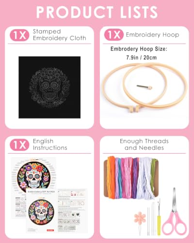 TINDTOP Embroidery Kit for Adult Beginners, Embroidery DIY Starter Kit, with Stamped Patterns, Hoop, Tools, Colorful Threads with Needles, Instructions (Skeleton B) - color: Skeleton B