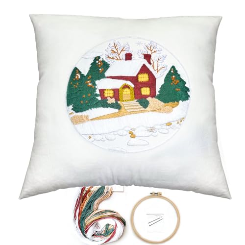 FONNUY Christmas Embroidery Kit for Beginners, Throw Pillow Case Cross Stitch Set Winter Snow House Holly Tree Pattern for Adults, Hand Works Crafts Throw Pillow Cover, 18 x 18'' (White) - color: White