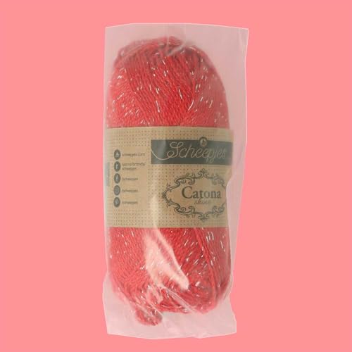 Scheepjes Catona Shine Cotton Yarn 50g - 115-S Hot Red with Silver Thread - color: 115-S Hot Red - Silver