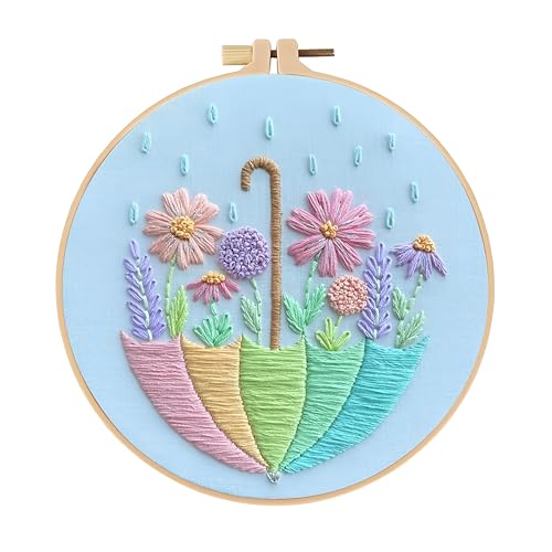 JJFox Embroidery Kit for Beginners and Adults, DIY Hand Embroidery Starter Kit with Cute Pattern, Cross Stitch Needlepoint Set with Hoop, Threads and Instructions (Flower-3) - color: Flower-3