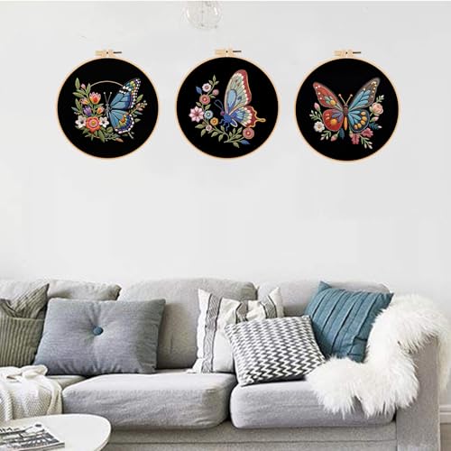 Konrisa Flower Butterfly Embroidery Kits for Adults, Stamped Embroidery Starter Kit with Hoop,DIY Sewing Needlepoint Cross Stitch Kit, Set of 3 - color: black