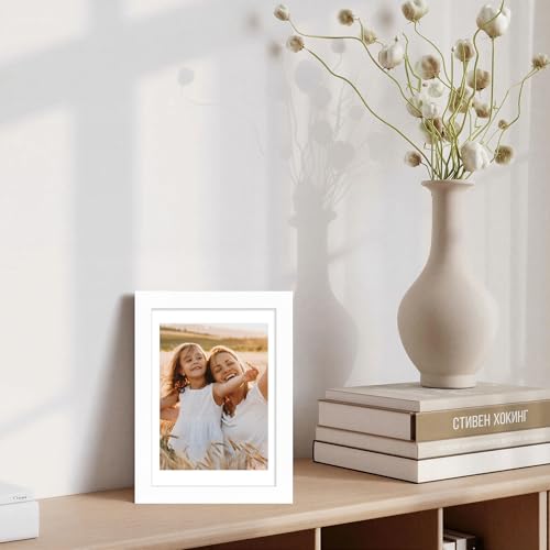 Hongkee 6x9 Picture Frame, 6 x 9 Solid Wood Frame with Real Glass, 5x8 Mat - color: White, size: 6 x 9