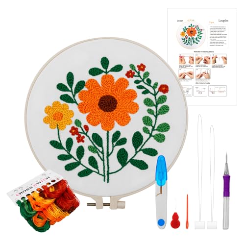 Punch Needle Embroidery Kit for Beginners – Complete Set with Patterned Fabric, Hoops, Yarns & Tools – DIY Rug-Punch Craft Kit for Adults (1 Style)