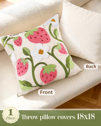 Embroidered Throw Pillow Cover 18x18 Inch, Branch Strawberry - color: Branch-strawberry, size: 18" x 18" (Pack of 1)