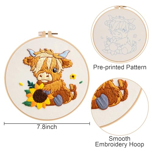 Nuberlic 3 Pack Embroidery Kit for Beginners, Highland Cow Embroidery Kits - color: Highland Cow