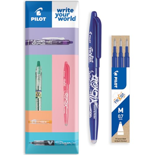 Pilot Frixion Heat/Friction Erasable Rollerball Pen FR7 - Medium Line 0.7mm Tip Nib - Pillow Pack of 1 Pen + 3 Refills (Blue) - color: Blue