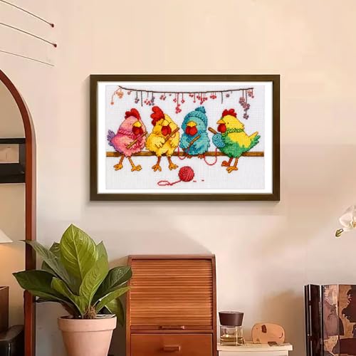 Zhenqing Charming Knitting Chickens Cross Stitch Kit for Beginners - 11CT Printed 12x20inch Aida Cloth, Threads & Needle Included (No Hoop/Scissors)(67427) - color: 67427