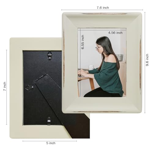5x7 Picture Frame Rustic, Distressed Wood Photo Frame, Wall and Tabletop - size: Off-white 5x7