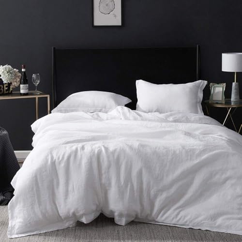 Simple&Opulence 100% Linen Duvet Cover Set with Embroidery Border Washed - 2 Pieces (1 Duvet Cover & 1 Pillow Sham) with Button Closure Soft Breathable Farmhouse - White, Twin Size - color: White, size: Twin