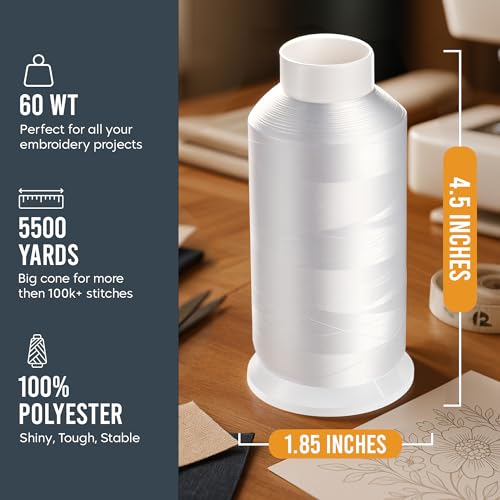 White X-Large Cones Embroidery Bobbin Thread 60WT - 5500 Yards Cone Spool - color: White, size: 1 Pack