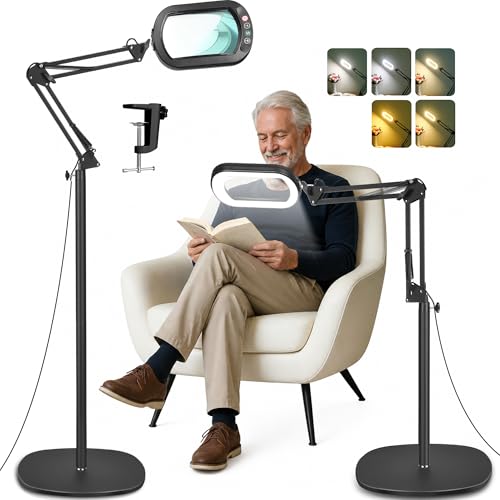 IVMAIE 10X Magnifying Glass with Light and Stand, Real Glass Lens, 5 Color Modes LED Dimmable Lighted, 3-in-1 Floor Lamp with Clamp, Hands Free Magnifier for Reading, Craft Close Work, Carbon Black - color: Carbon Black