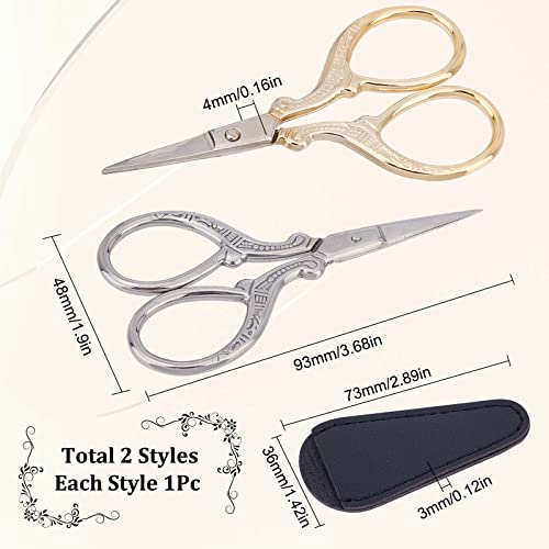 SUNNYCLUE 2Pcs 2 Colors Embroidery Sewing Scissors Detail Shears Vintage Sharp Tip Scissor Stainless Steel Scissors for Cutting Fabric Knitting Threading Needlework Artwork Craft DIY Tool Kit Supply - color: Golden & Silver-2pcs-sewing Scissors With Cover