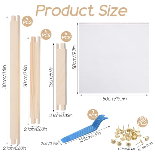 Needlepoint Stretcher Bars Kit - 12-Piece Wooden Frame Set with 100 Tacks, 50x50cm Canvas & Pry Tools for Cross Stitch, Embroidery & Craft Projects (3 Sizes: 6, 8, 12 Inch)