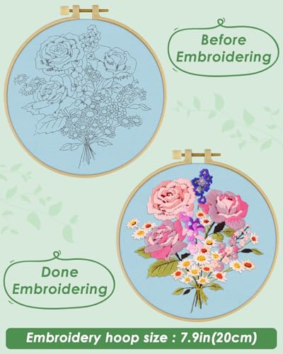 ERKOON Embroidery Kit for Beginners, Flower Cross Stitch Set for Include Embroidery Cloth Hoops Threads for Craft Lover Hand Stitch with Embroidery Skill Techniques (Bouquet) - color: Bouquet