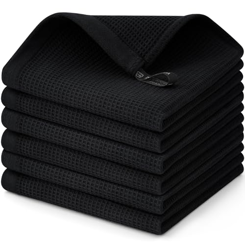 Homaxy 100% Cotton Waffle Weave Dish Cloths, 6 Pack, Black - color: Black, size: 12 x 12 - 6 Pack