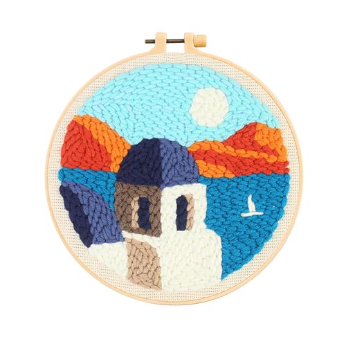 Castle Seaside Punch Needle Kit for Beginners, Crochet Kit for Adult, All-in-One DIY Craft Set with Pre-Printed Fabric, Embroidery Hoop, Threads, Tools, Ideal Craft Gift, Home Decor - color: SUN-CASTLE