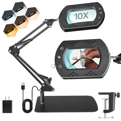 10X Square Magnifying Glass with Light and Stand, 2-in-1 LED Lighted Desk Lamp & Clamp, 5 Color Modes Stepless Dimmable, Hands-Free Magnifier Desk Lamp for Reading Craft Close Work B01DL05