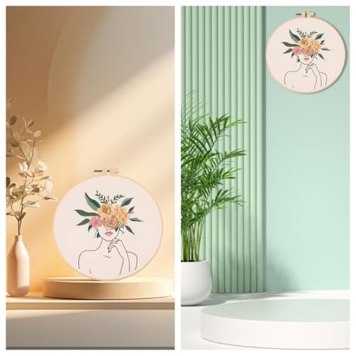IUHUI Embroidery Kit for Beginners Adults - Fashionable Women Wearing Flowers Easy Patterns, DIY Hand Stitching Embroidery Set with Hoop (Elegant Woman) - color: Elegant Woman