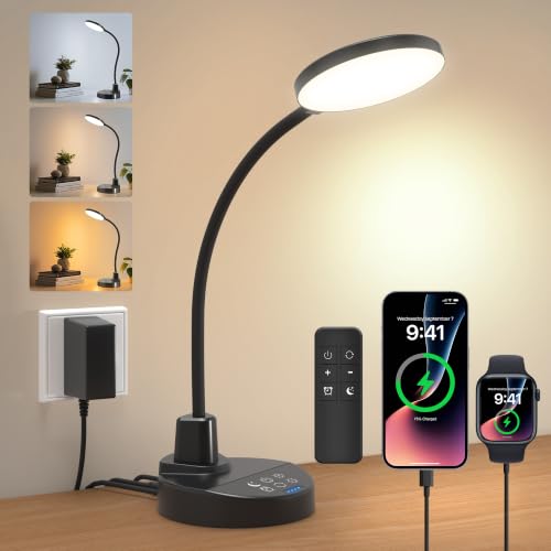 15W LED Desk Lamp with USB Charging Ports, [Button & Remote Control] Dimmable Table Lamp with 3 Color Modes, 5 Brightness Levels, 4 Timers, Flexible Reading Light for Home Office, Bedroom, Kids Study - color: Black, size: 4.7'' Lamp with Remote