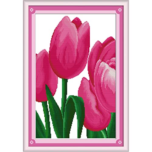 ITSTITCH Stamped Cross Stitch Kits for Beginners,Full Set of Crossstitching Preprinted Pattern, Embroidery Needlepoint Starter Kits 14CT 2 Strands-Pink Tulip, 13x18.9 inch - color: Pink tulip, 13x18.9 inch