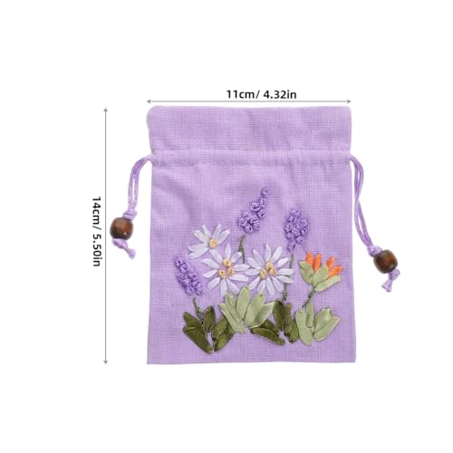 Hoement 4Pcs Embroidered Lavender Sachet Bags Small Drawstring Linen Brocade Pouches for Jewelry Storage Wedding Favor and Fragrance Packaging