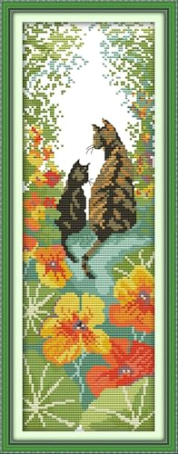 CaptainCrafts Cross Stitch Kits, Stamped Cross Stitch Printed Fabric Cross Stitching DIY Art DMC Needlecrafts Embroidery Kit for Adults Beginner (Stamped 14CT, Flowers Cats Back) - color: Flowers Cats Back, style: Stamped 14CT