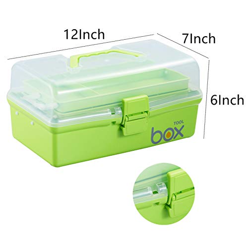 Kinsorcai 12'' Three-Layer Clear Plastic Storage Box/Tool Box, Multipurpose Organizer and Portable Handled Storage Case for Art Craft and Cosmetic (Green) - color: green, size: 1PCS