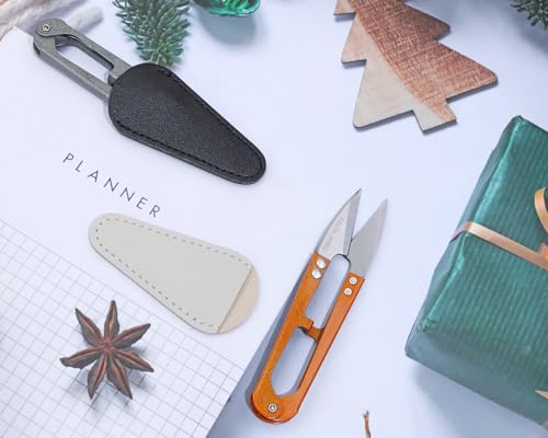 2Pcs Multicolor Mini Sewing Scissors Clipper 2Pcs Leather Scissors Sheath Cover Small Embroidery Thread Thrum Yarn Trimming Nipper U-Shaded Craft Cross Stitch Scissor (Gold/Gray) - color: Gold/Gray