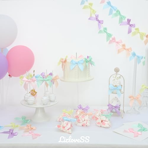 Pre-Tied Pastel Rainbow Satin Ribbon Bows for Crafts 3", 6 Colors - color: Pastel