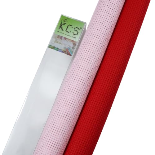 KCS 2 pc of 15" x 18"(38cmx45cm) 11 Count Cross Stitch Cotton Aida Cloth Needlework Fabric Box (Pink+Red, 11CT) - color: Pink+red, size: 11CT