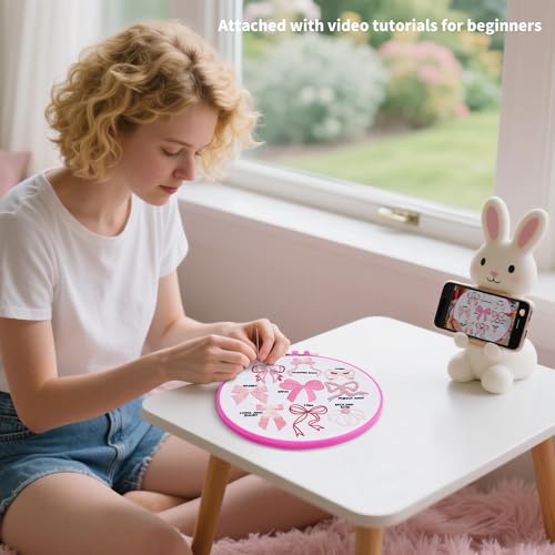 Pink Bowknot Embroidery Kits for Beginners Adults, Cute Hand Embroidery Starter Kits, Counted Cross Stitch Kits for Beginners DIY Craft Kits for Adults Women, Embroidery Hoops, Thread & Video Tutorial - color: H2049