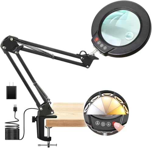 30X 12X Magnifying Glass with Light and Clamp, Real Glass Lens Lighted Magnifier with Stand, 5 Color Modes LED Dimmable Magnifying Desk Lamp Hands Free for Crafts Jewelry Painting Sewing Close Work - color: Black, size: 30X 17.8inch Clamp