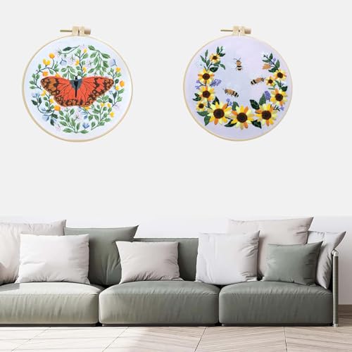 Allazone 2 Sets Embroidery Kit for Beginners, Stitch Practice Kits for Craft Lover Hand Stitch with Embroidery Fabric with Stamped Pattern, Starter Stitch Kits Suitable for Adults (Butterfly) - color: Butterfly