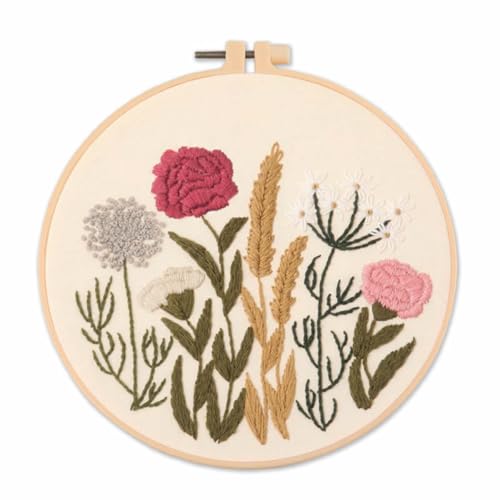 IUHUI Embroidery Kit for Beginners Adults - Thriving Flowers and Plants Easy Patterns, DIY Hand Stitching Embroidery Set with Hoop (Red Pink Flowers) - color: Red Pink Flowers