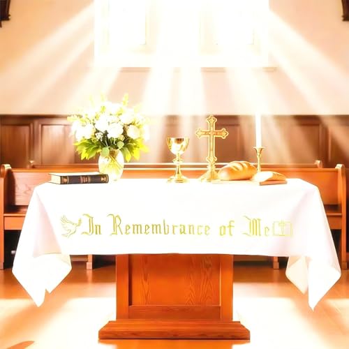 Large In Remembrance of Me Gold Thread Embroidery Altar Frontal Holy Communion Table Cloth Cover 96x52Inch White Rectangle Communion Table Cloth for Church for Gatherings Baptism Ceremonies(Gold) - color: Gold